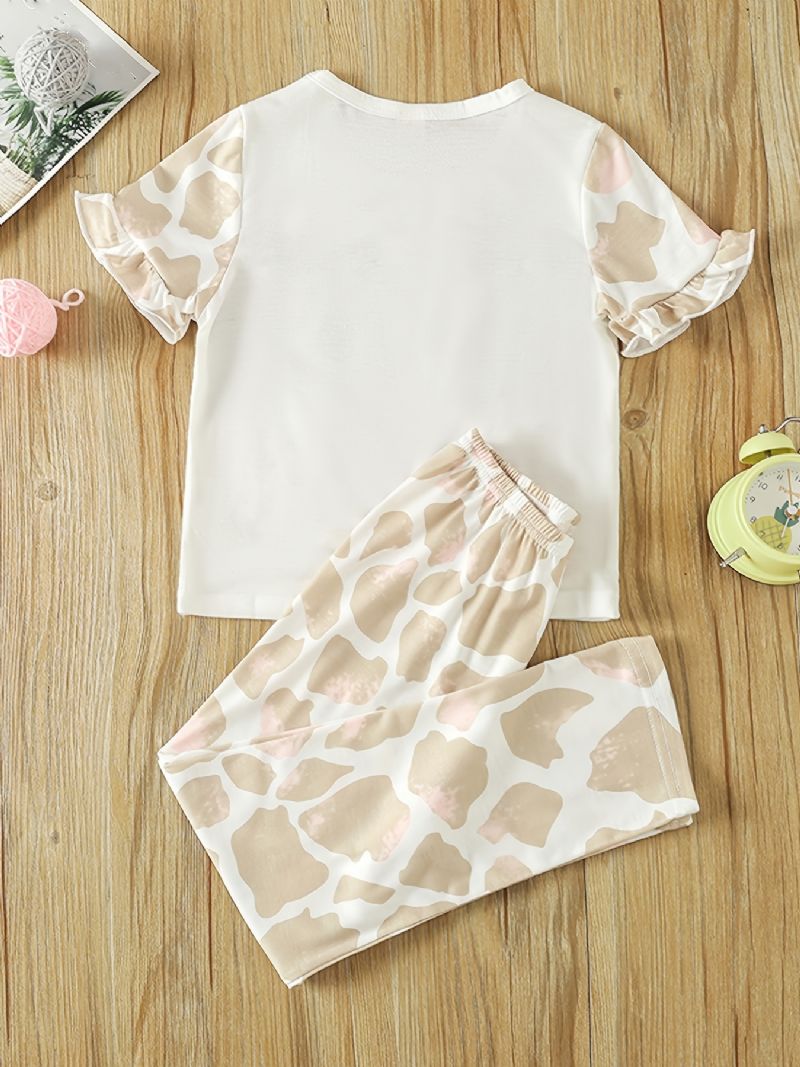 Jenter Giraffmønster Ruffle Sleeve Top + Matchende Buksesett Barneklær