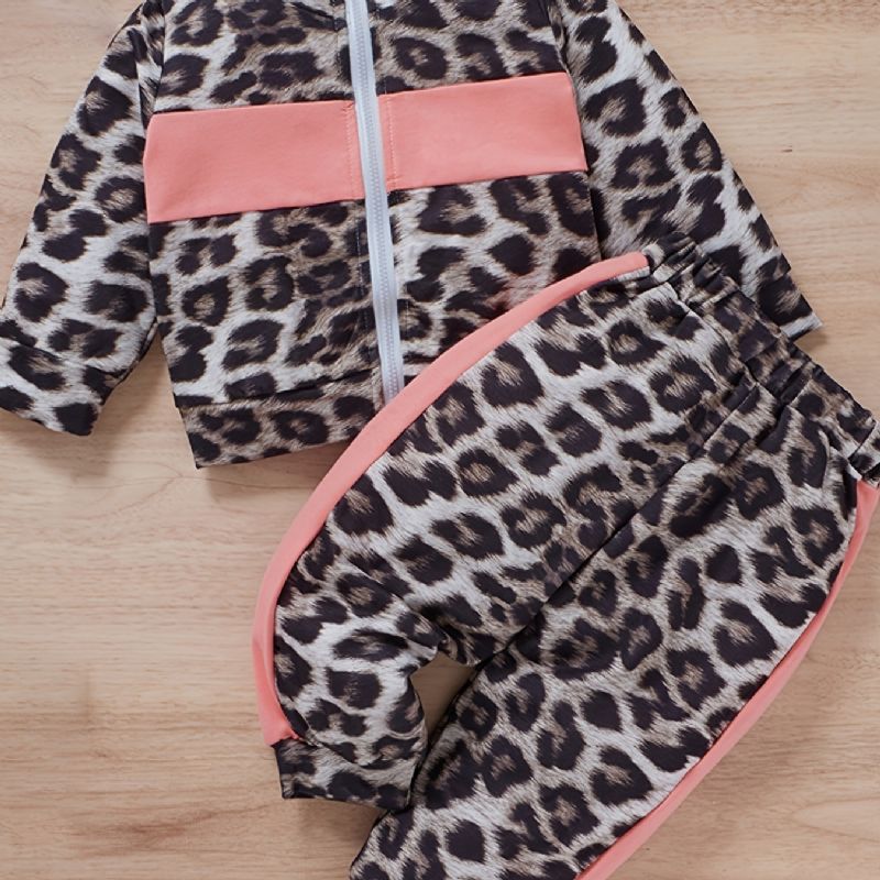 Jenter Leopard Print Color Block Sweatshirt Med Glidelås + Buksesett Babyklær