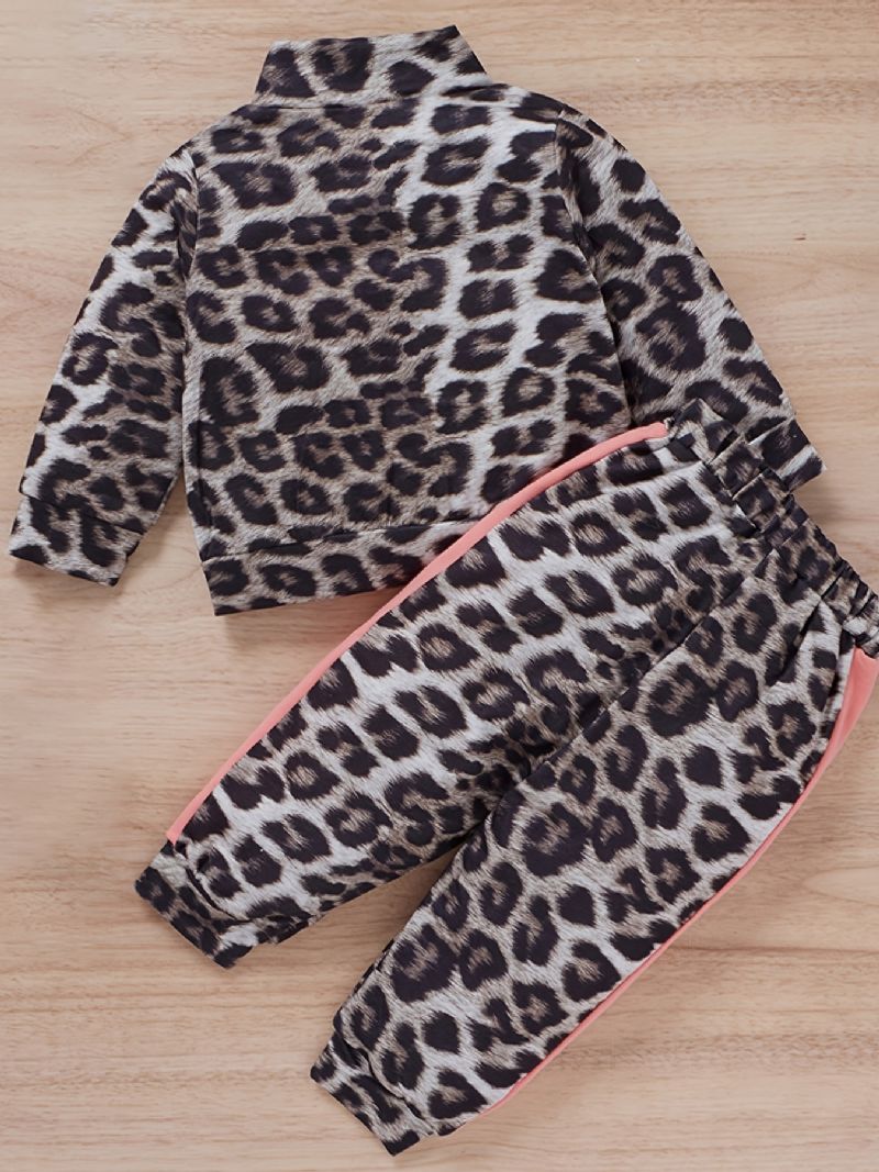 Jenter Leopard Print Color Block Sweatshirt Med Glidelås + Buksesett Babyklær