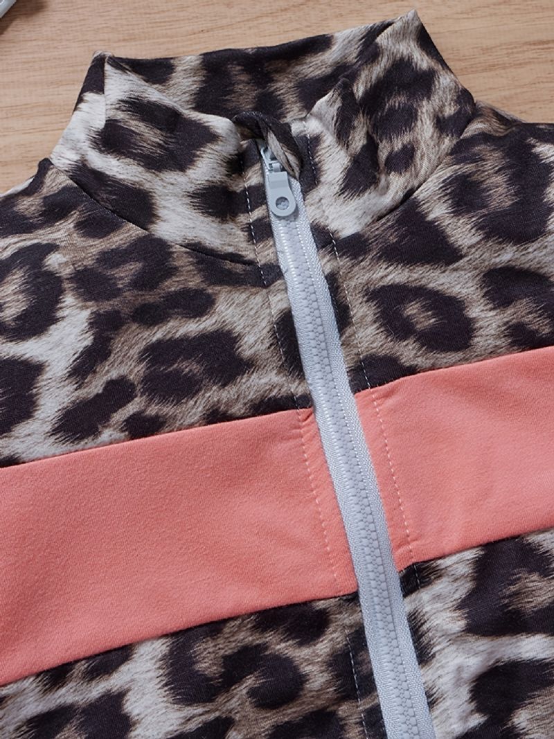 Jenter Leopard Print Color Block Sweatshirt Med Glidelås + Buksesett Babyklær