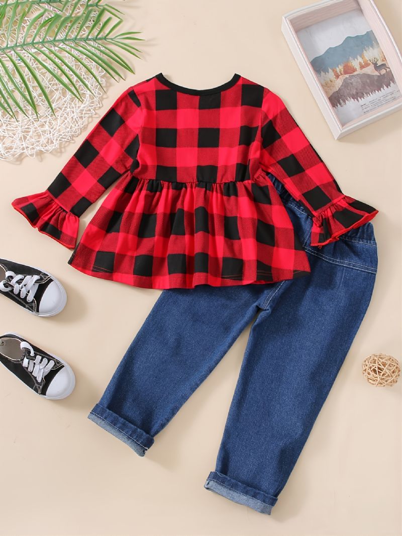 Jenter Plaid Langermet Crew Neck Topp Ripped Denim Bukser Sett Høst Vinter