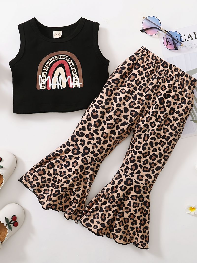 Jenter Rainbow Tank Top + Leopard Flared Bukser Set Barneklær