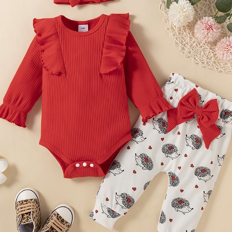 Jenter Ruffle Langermet Romper + Print Buksesett Babyklær Bodysuit