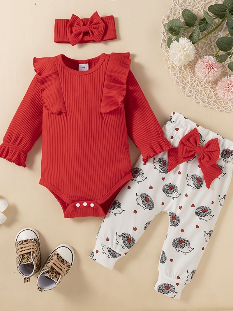 Jenter Ruffle Langermet Romper + Print Buksesett Babyklær Bodysuit