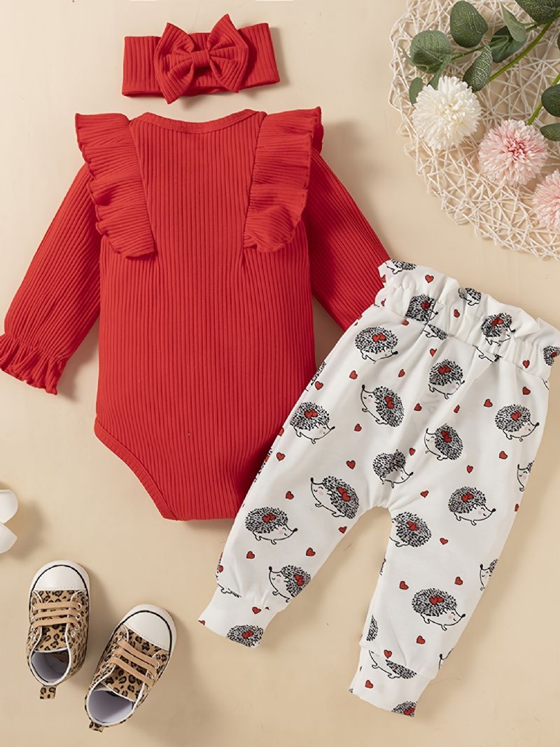 Jenter Ruffle Langermet Romper + Print Buksesett Babyklær Bodysuit