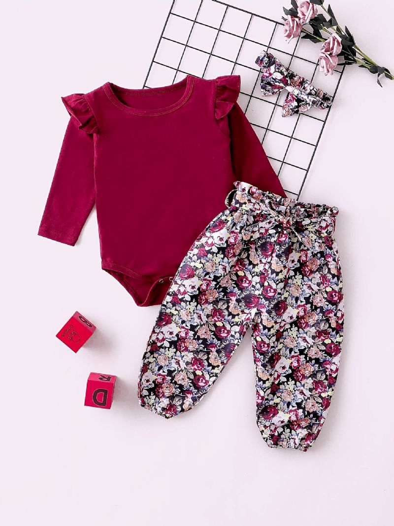 Jenter Ruffle Shoulder Langermet Romper Bodysuit + Blomsterprint Bukser + Pannebåndsett Babyklær