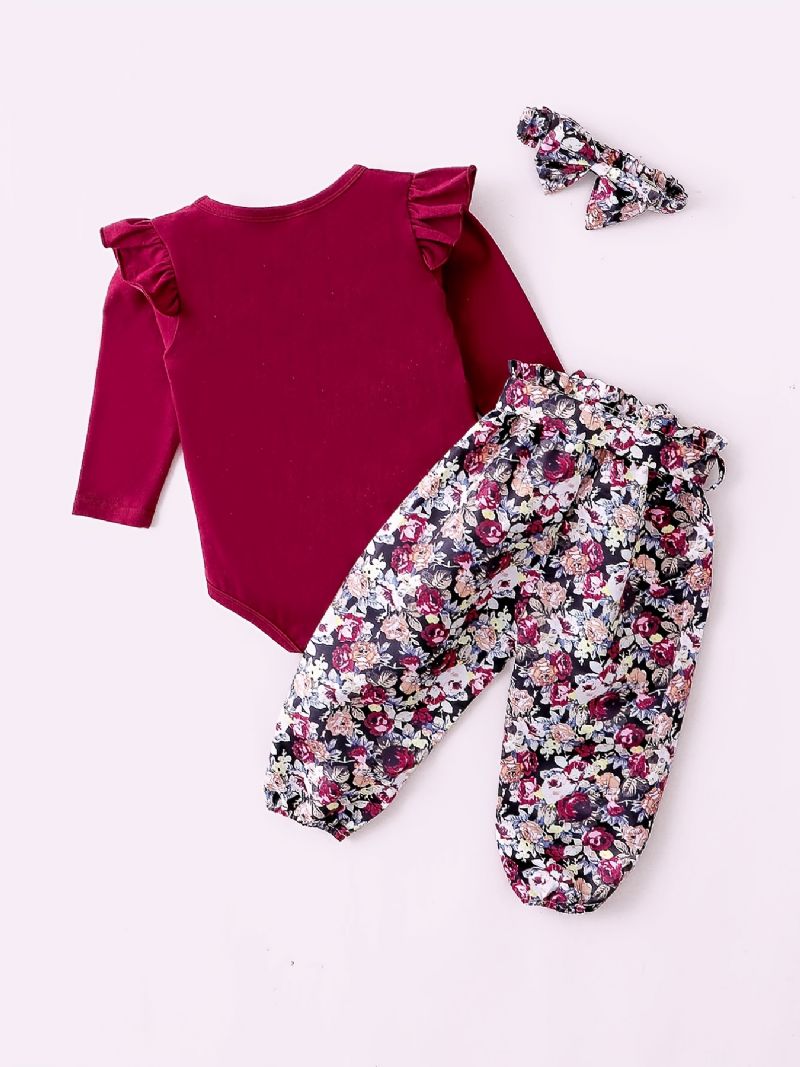 Jenter Ruffle Shoulder Langermet Romper Bodysuit + Blomsterprint Bukser + Pannebåndsett Babyklær