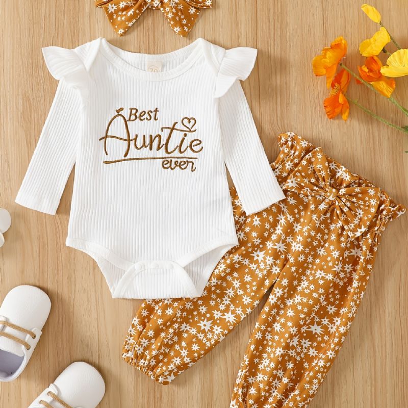 Jenter Ruffle Shoulder Langermet Romper Bodysuit + Print Bowknot Buksesett Babyklær