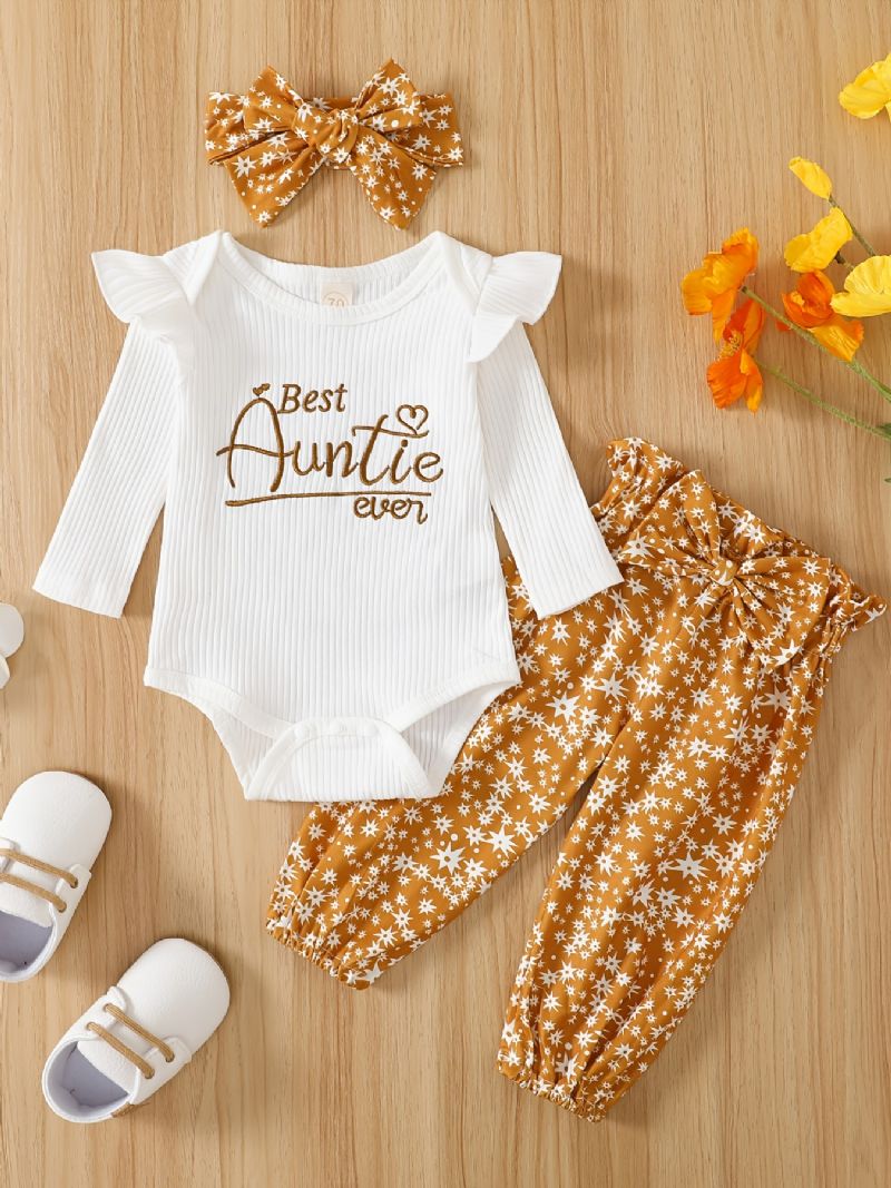 Jenter Ruffle Shoulder Langermet Romper Bodysuit + Print Bowknot Buksesett Babyklær