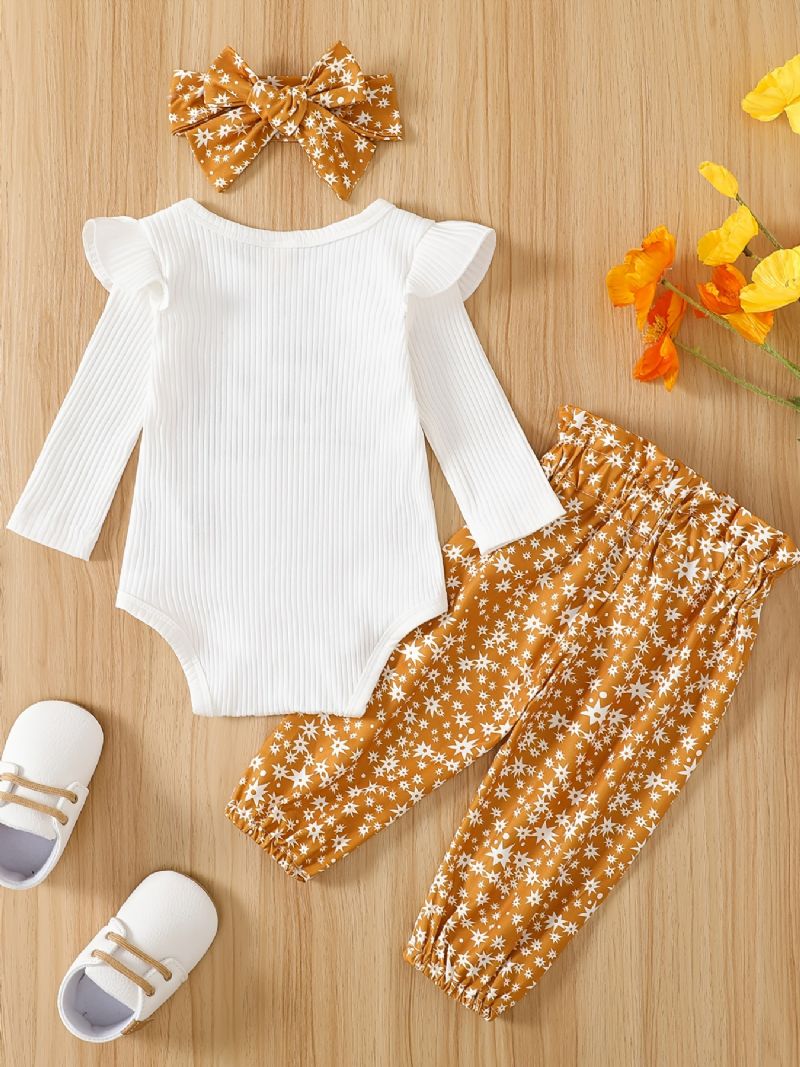 Jenter Ruffle Shoulder Langermet Romper Bodysuit + Print Bowknot Buksesett Babyklær