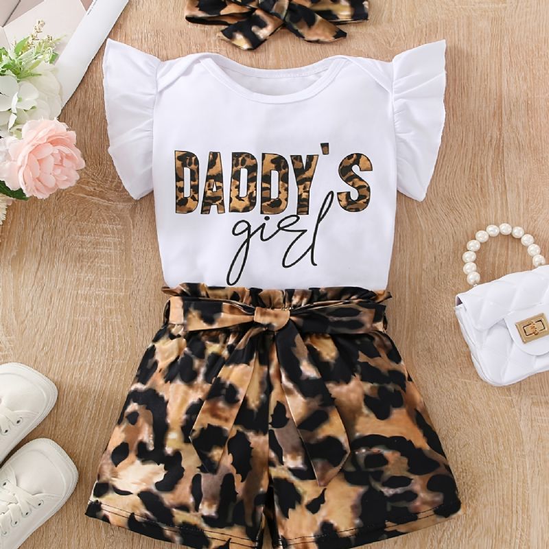 Jenter Ruffle Skulder Ermeløs Romper Bodysuit + Leopardprint Shorts Med Belte + Pannebåndsett Babyklær