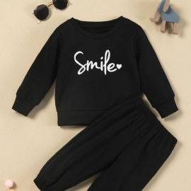 Jenter Smile Letter Print Rund Hals Solid Lounge Buksesett