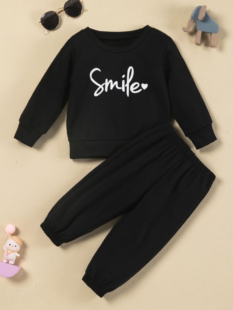 Jenter Smile Letter Print Rund Hals Solid Lounge Buksesett