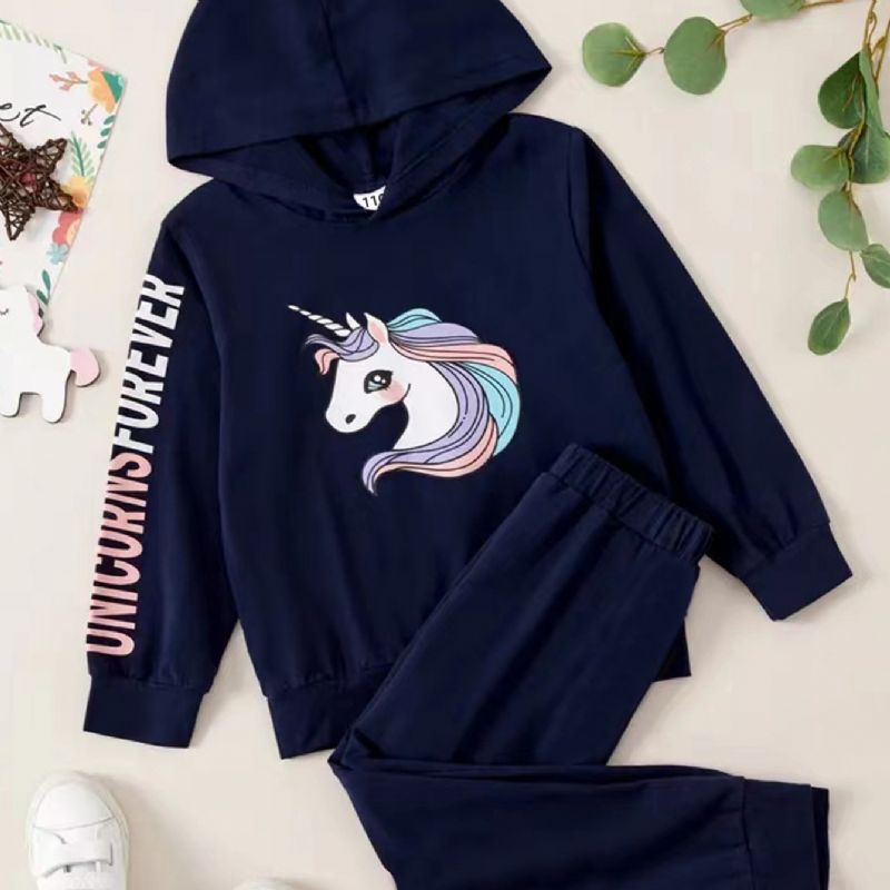 Jenter Unicorn Print Mote Casual Hettegenser Og Leggingssett