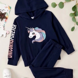 Jenter Unicorn Print Mote Casual Hettegenser Og Leggingssett