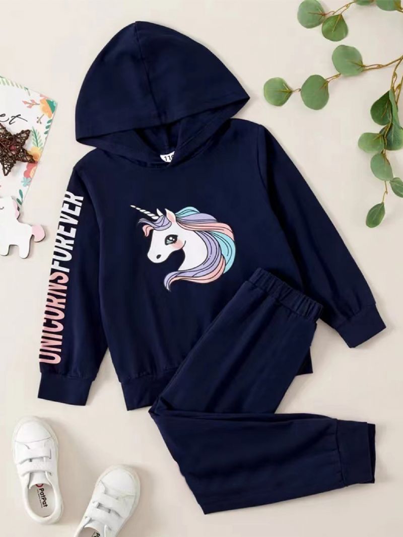 Jenter Unicorn Print Mote Casual Hettegenser Og Leggingssett