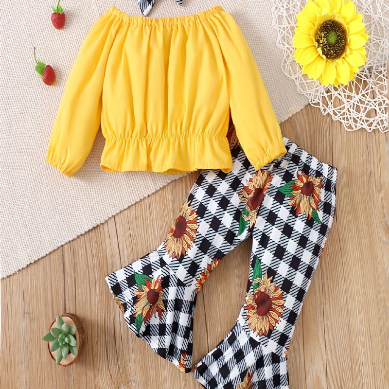 Jenter Yellow Crop Off Shoulder Langermet+flettet Solsikke Flare Benbukser+bow Pannebånd 3stk Sett