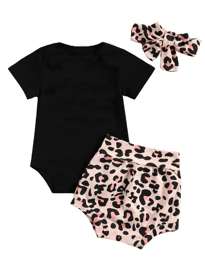 Kortermet Spedbarnsbukse Daddy's Jent Letter Print Bodysuit & Leopard Shorts & Pannebåndsett For Baby Jenter Småbarnsklær