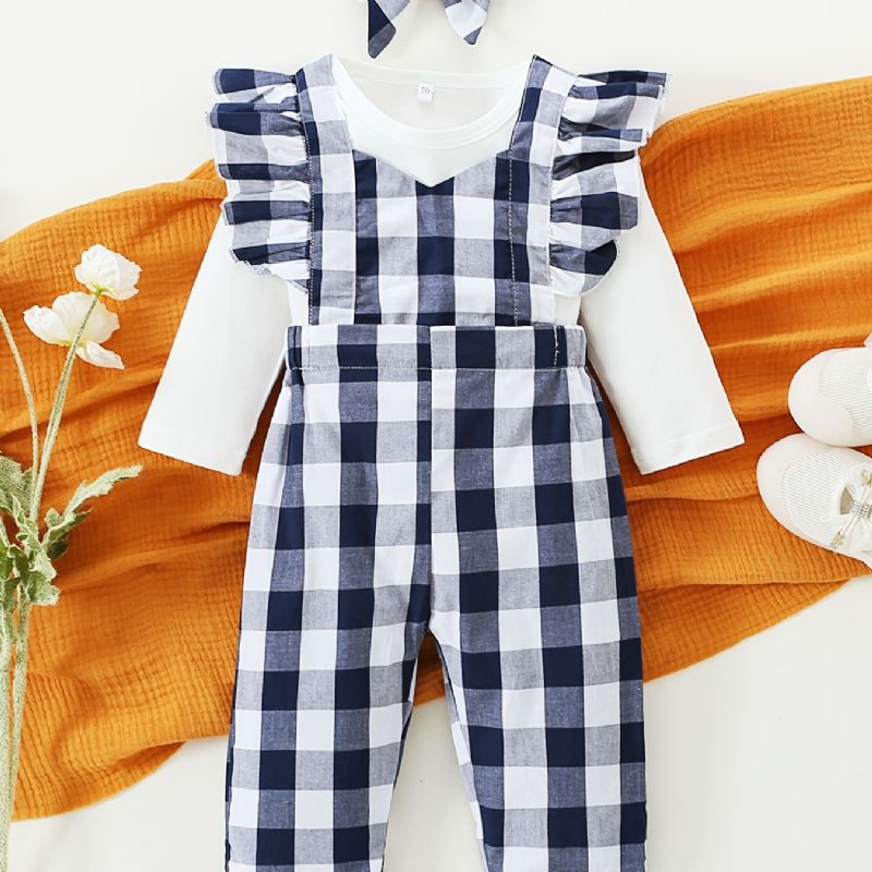 Langermet Bukse For Jenter + Matchende Rutete Kjeledress + Pannebåndsett Babyklær Antrekk Bodysuit Onesie