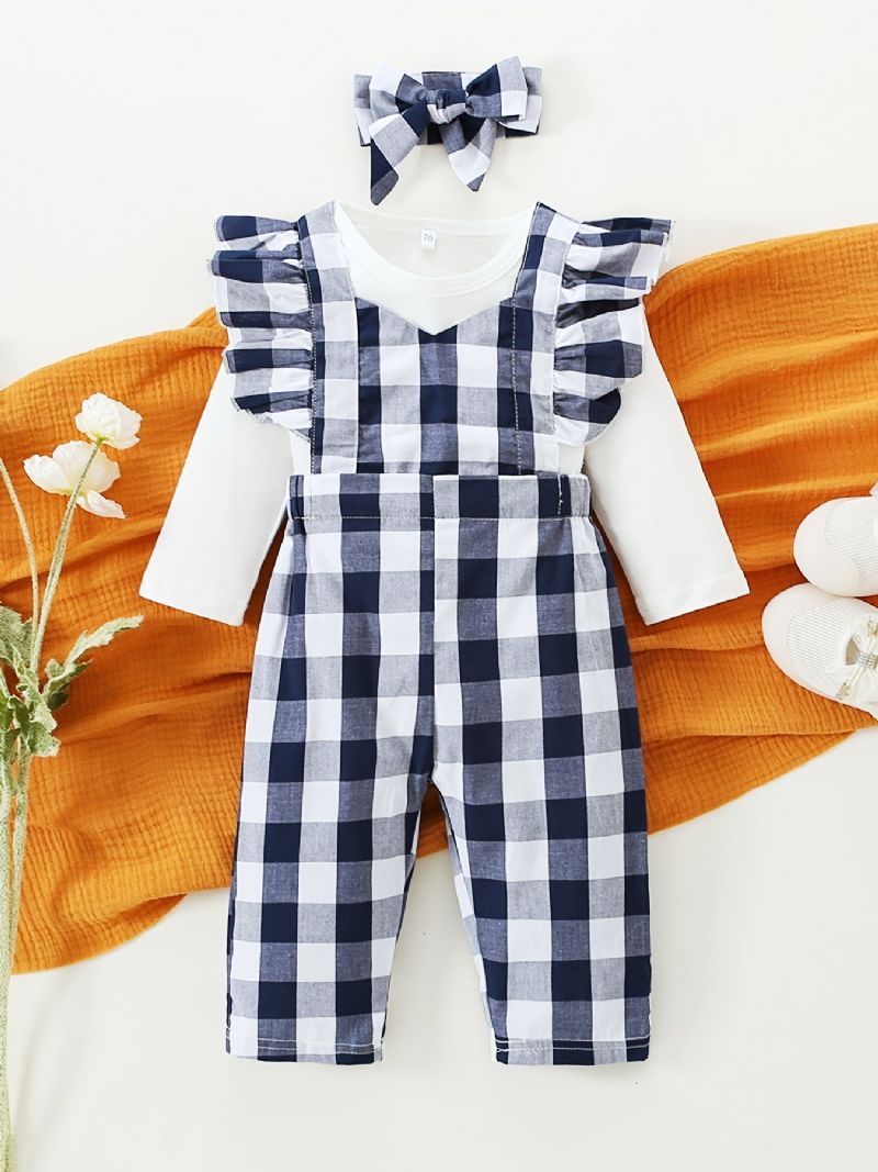 Langermet Bukse For Jenter + Matchende Rutete Kjeledress + Pannebåndsett Babyklær Antrekk Bodysuit Onesie