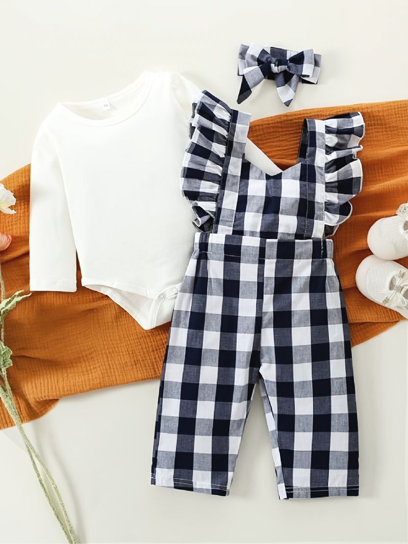 Langermet Bukse For Jenter + Matchende Rutete Kjeledress + Pannebåndsett Babyklær Antrekk Bodysuit Onesie