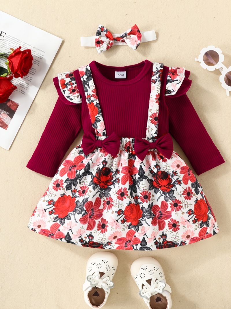 Ny Jentebaby Casual Søt Blomstermønster Sløyfe Overall Dress Sett Høst / Vinter