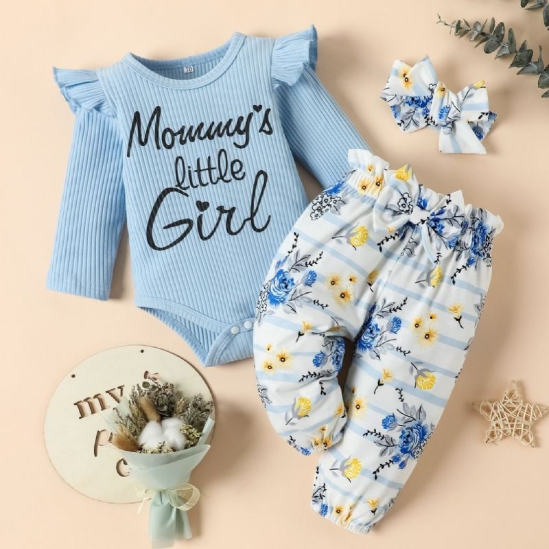 Nyfødt Baby Jenter Bodysuit & Floral Bukser & Pannebånd Sett Mammas Lille Jente