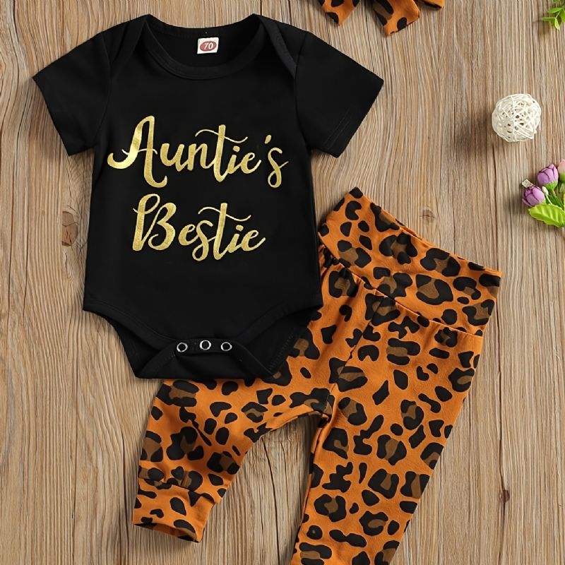 Nyfødt Jente Kortermet Romper + Leopard Print Buksesett Babyklær Antrekk Bodysuit