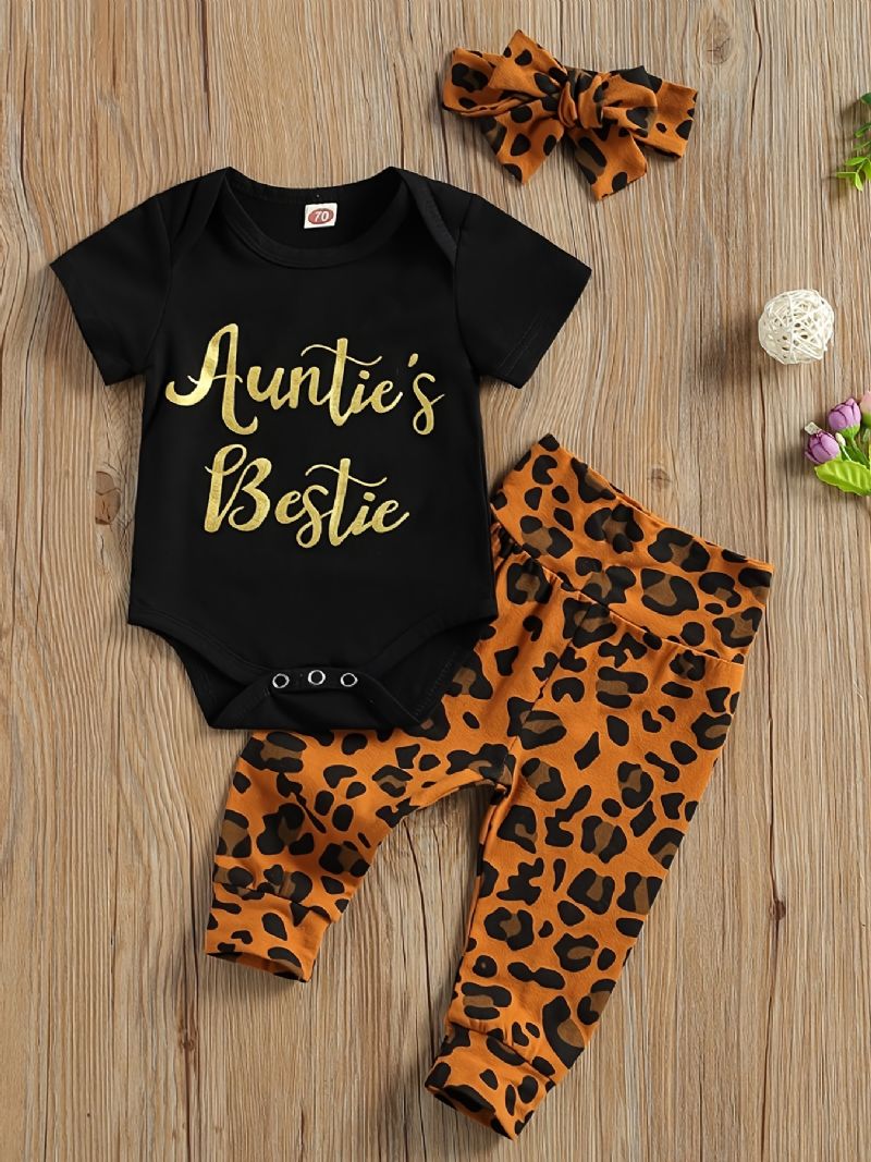 Nyfødt Jente Kortermet Romper + Leopard Print Buksesett Babyklær Antrekk Bodysuit