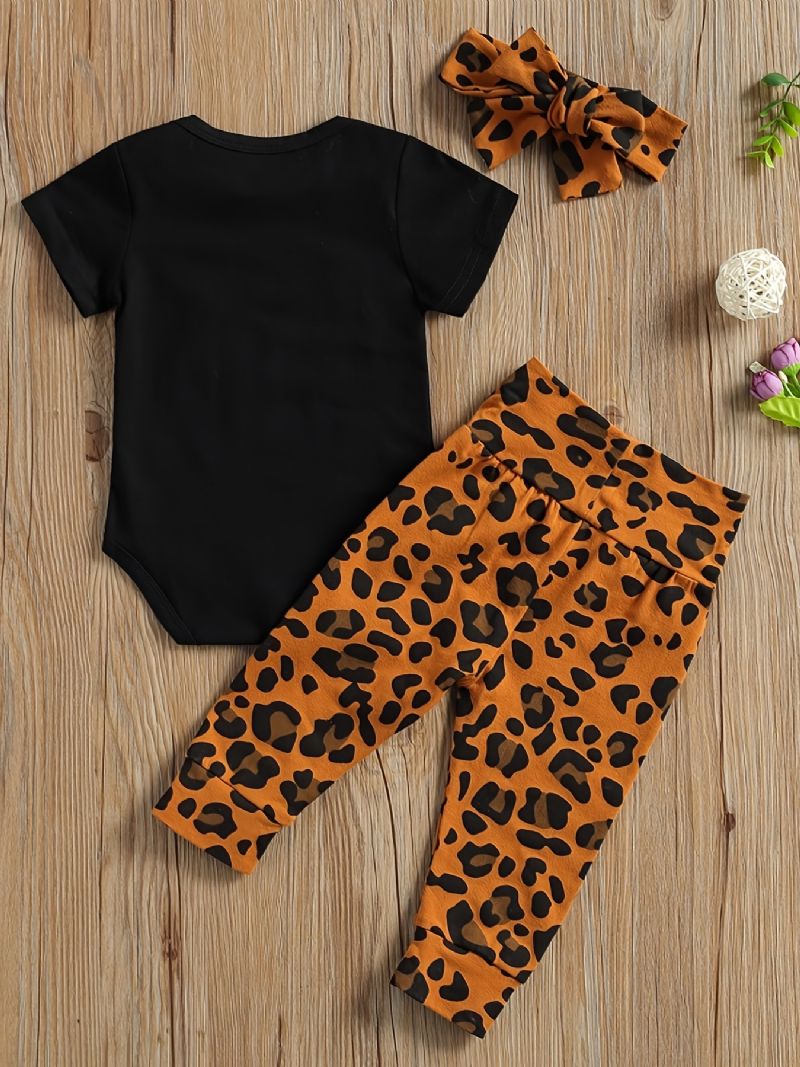 Nyfødt Jente Kortermet Romper + Leopard Print Buksesett Babyklær Antrekk Bodysuit