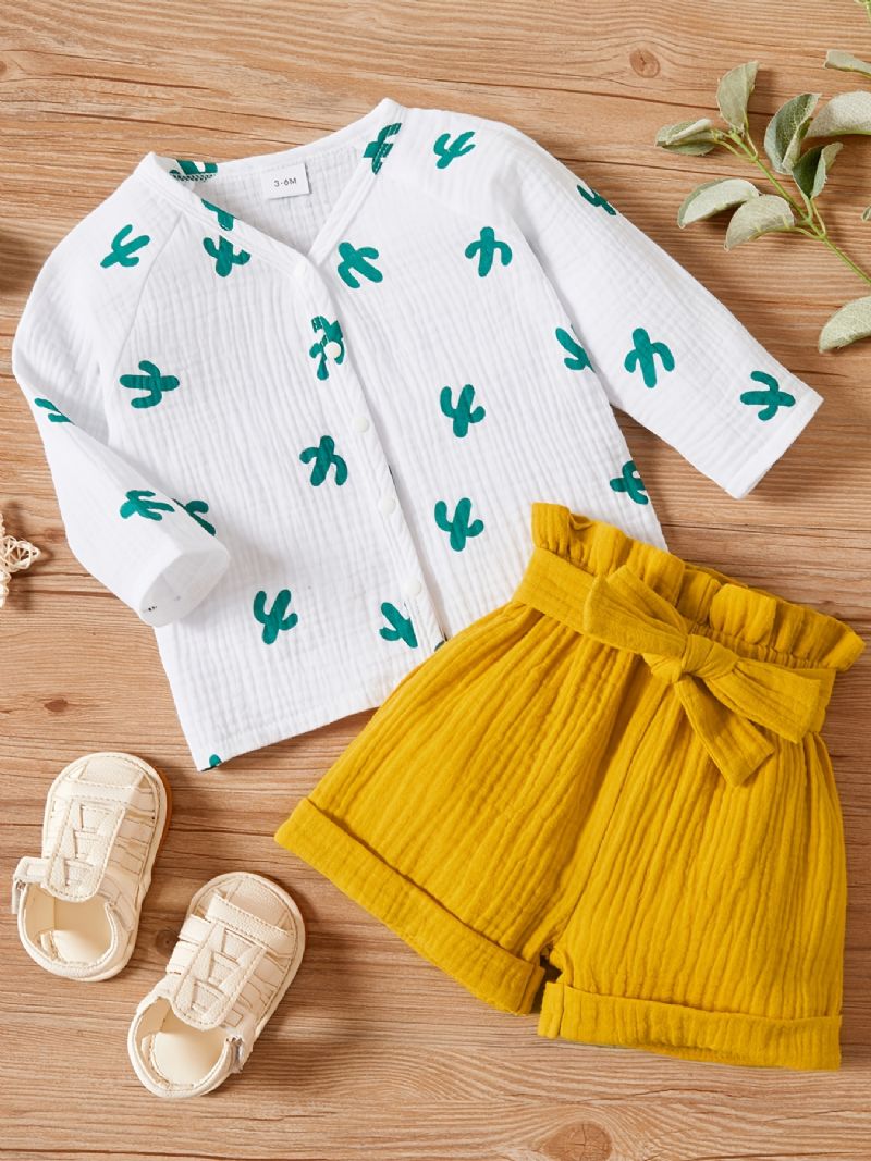 Nyfødte Småbarn Kaktus Print Langermet Cardigan & Volanger Shorts Sett For Baby Jenter