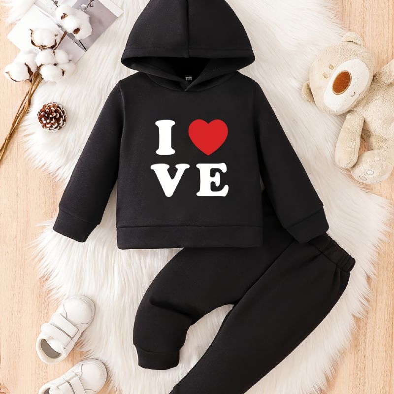 Småbarn Baby Hjertetrykk Fleece Varm Hettegenser Sweatshirt Bukser Sett For Gutter Jenter Høst Vinter