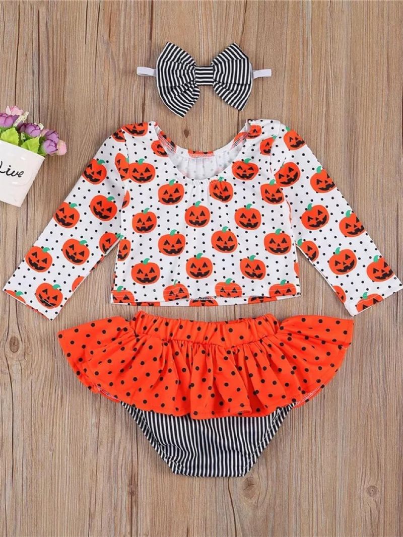 Småbarn Baby Jente Halloween Klær Gresskar Romper Topp Skull Ruffle T-skjorte Ghost Stripe Tutu Skjørt Antrekkssett