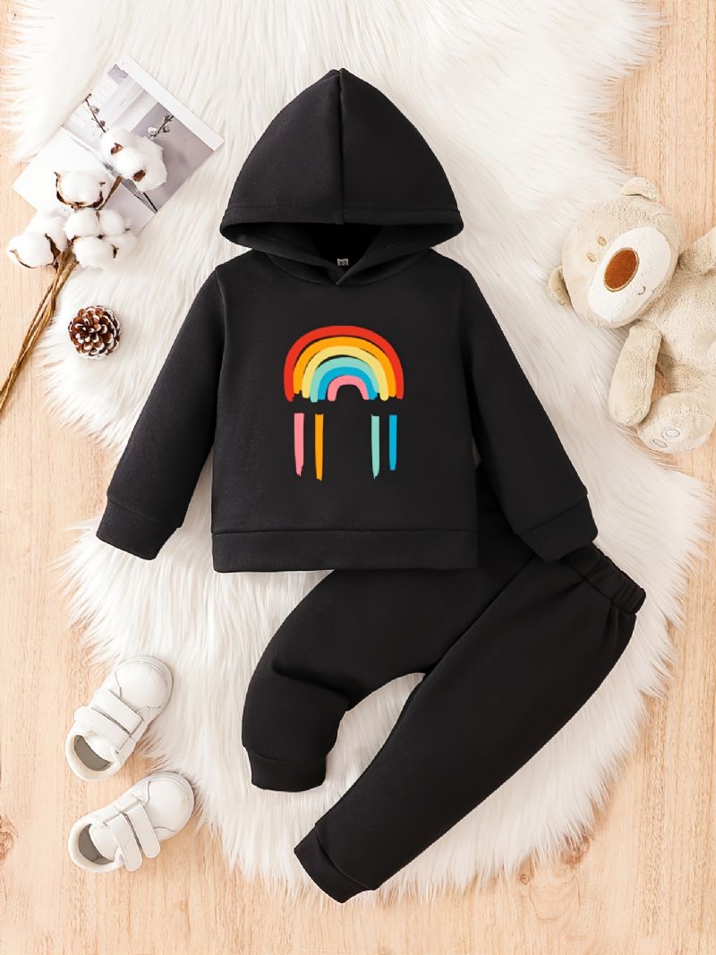 Småbarn Baby Regnbuetrykk Fleece Varm Hettegenser Sweatshirt Bukser Sett For Gutter Jenter Høst Vinter