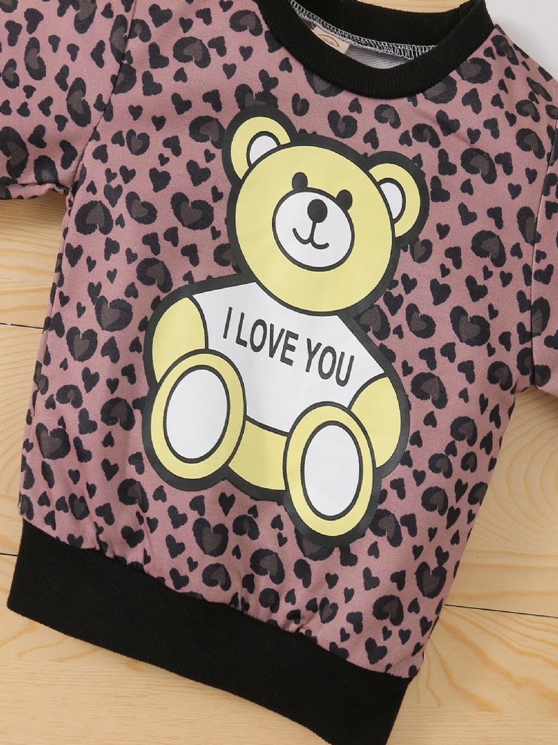 Småbarn Jenter Bear Leopard Print Langermet Sweatshirt Med Snøring Joggebuksesett