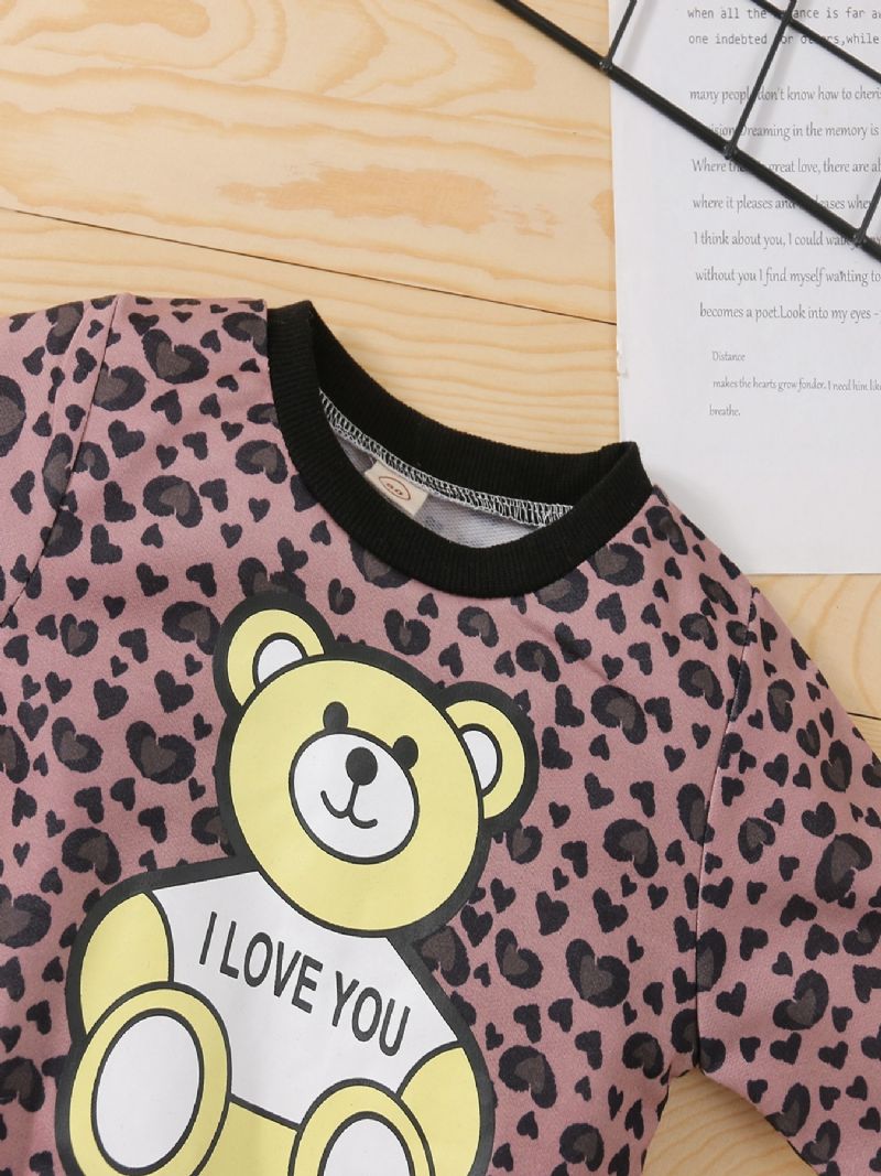 Småbarn Jenter Bear Leopard Print Langermet Sweatshirt Med Snøring Joggebuksesett