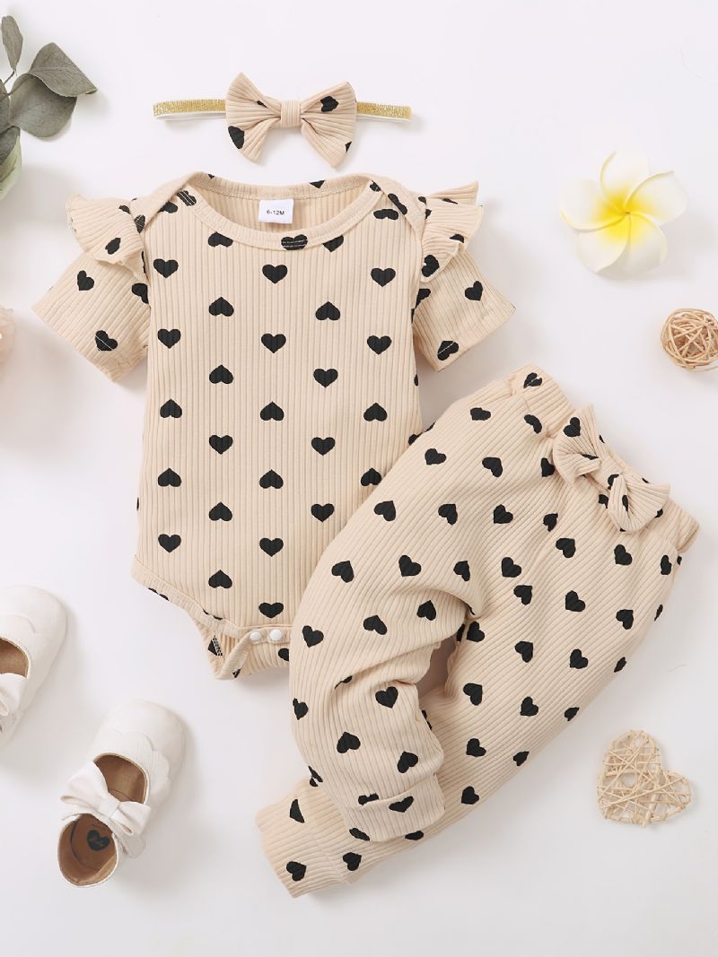 Toddler Baby Jenter Heart Print Bodysuit + Bukser Set + Pannebånd Onesie Clothing