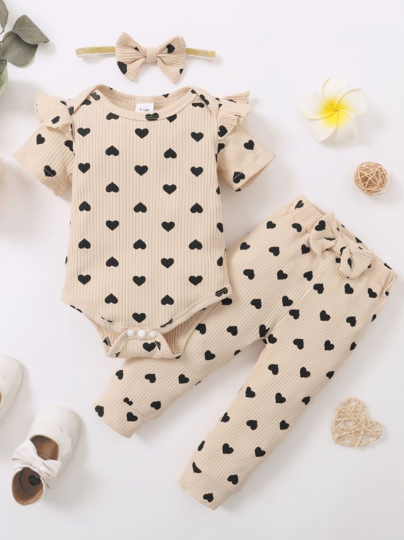 Toddler Baby Jenter Heart Print Bodysuit + Bukser Set + Pannebånd Onesie Clothing