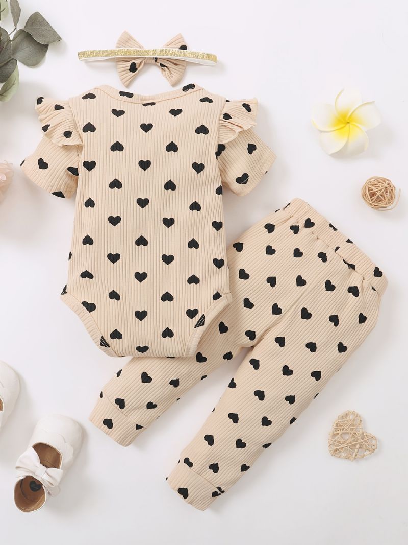 Toddler Baby Jenter Heart Print Bodysuit + Bukser Set + Pannebånd Onesie Clothing