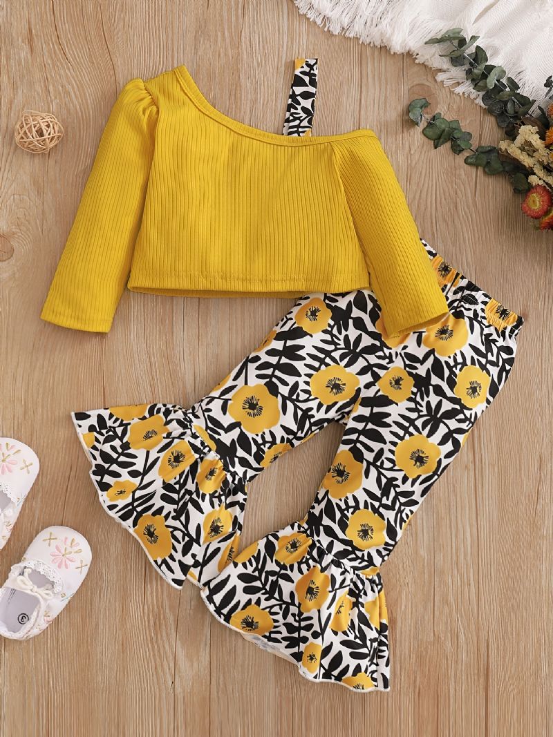 Toddler Baby Jenter Langermet Ribbet Topp & Flower Print Flare Leg Pants Set