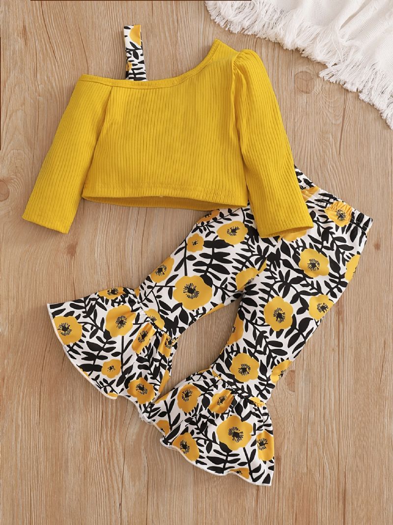 Toddler Baby Jenter Langermet Ribbet Topp & Flower Print Flare Leg Pants Set