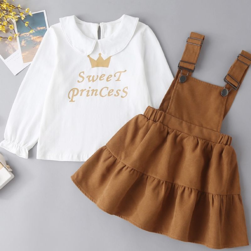 Toddler Baby Jenter Letter Crown Print Topp & Ruffle Overall Dress Set Barneklær