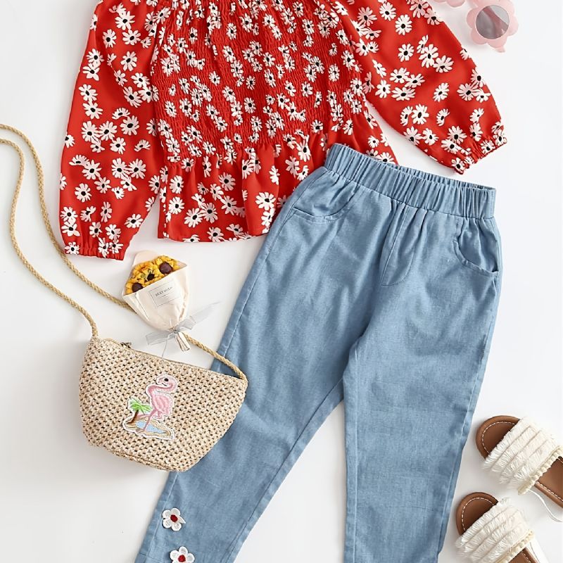 Toddler Jenter Daisy Shirred Peplum Top & Appliques Jeanssett