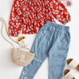 Toddler Jenter Daisy Shirred Peplum Top & Appliques Jeanssett