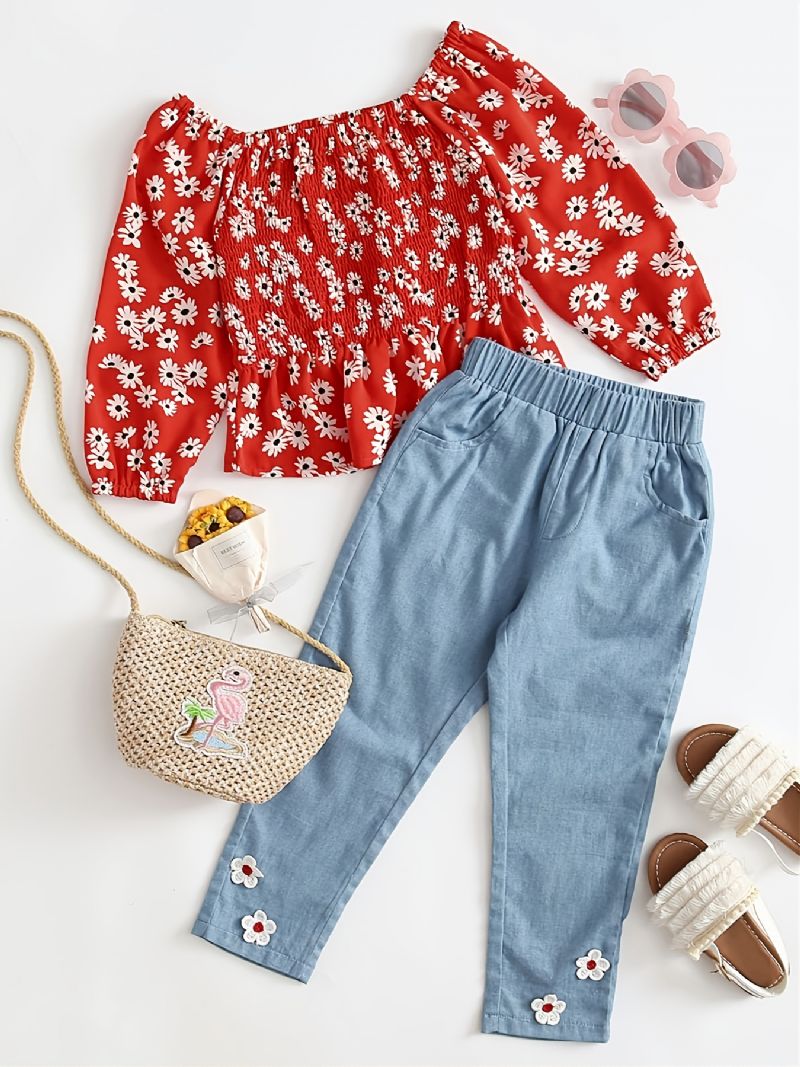 Toddler Jenter Daisy Shirred Peplum Top & Appliques Jeanssett