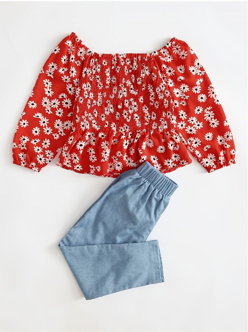 Toddler Jenter Daisy Shirred Peplum Top & Appliques Jeanssett