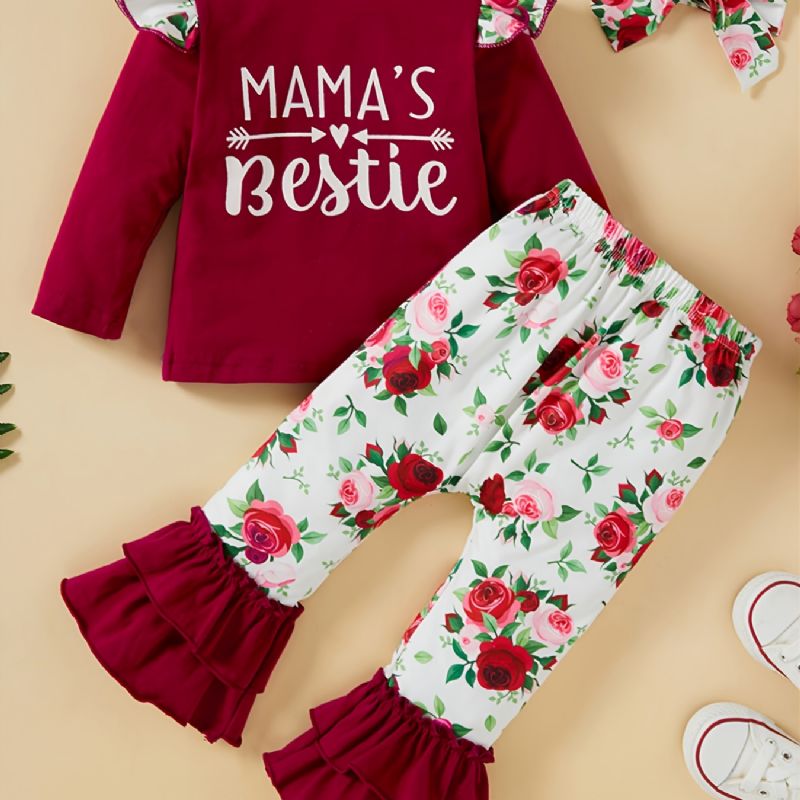 Toddler Jenter Letter Print Langermet & Flower Flare Leg Bukser Set Høst Vinter