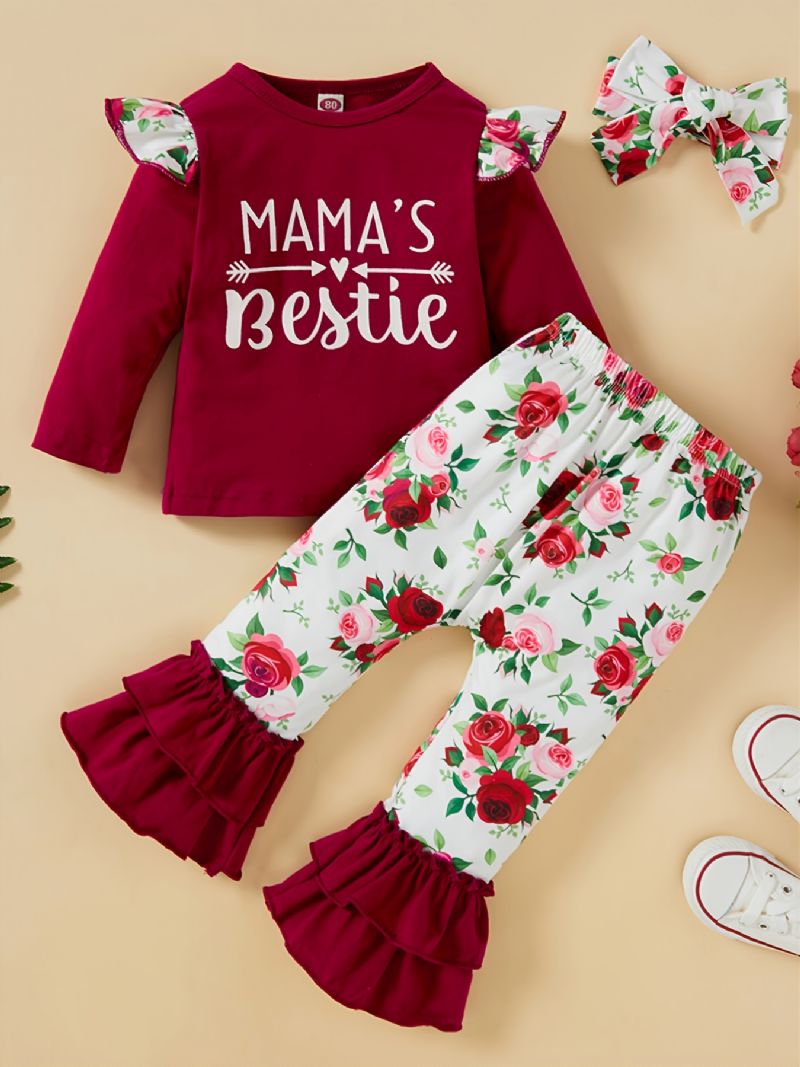 Toddler Jenter Letter Print Langermet & Flower Flare Leg Bukser Set Høst Vinter