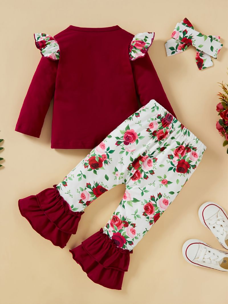 Toddler Jenter Letter Print Langermet & Flower Flare Leg Bukser Set Høst Vinter