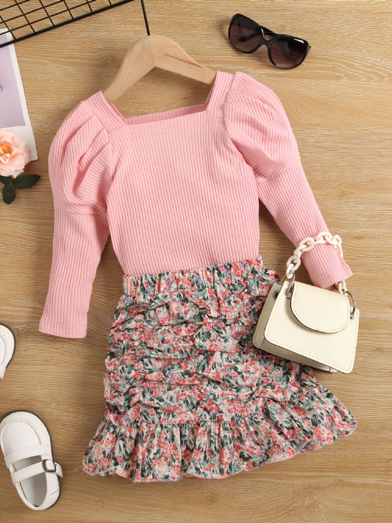 Toddler Jenter Square Neck Top & Ruched Ruffle Hem Skjørtsett